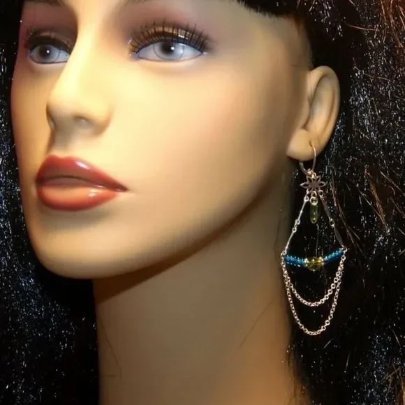 Handmade Glass Bead & Silver Plated Chandelier Long Dangle Earrings - Picture 4 of 5